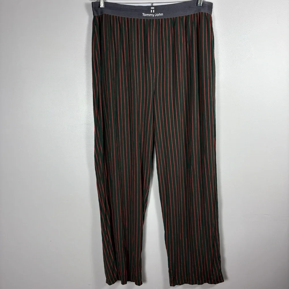 Tommy John Men's 2XL Green Red Striped Elastic Waist Pull On Lounge Pajama Pants